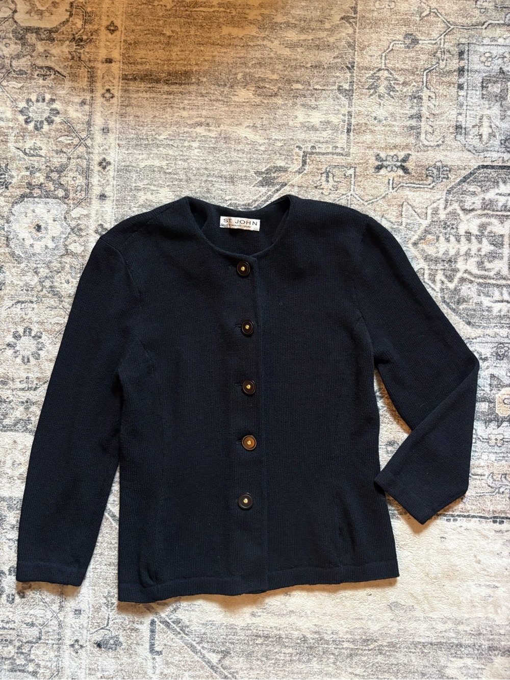 ST JOHN by Marie Claire Black Santana Knit Cardigan Jacket Gold Button Pockets